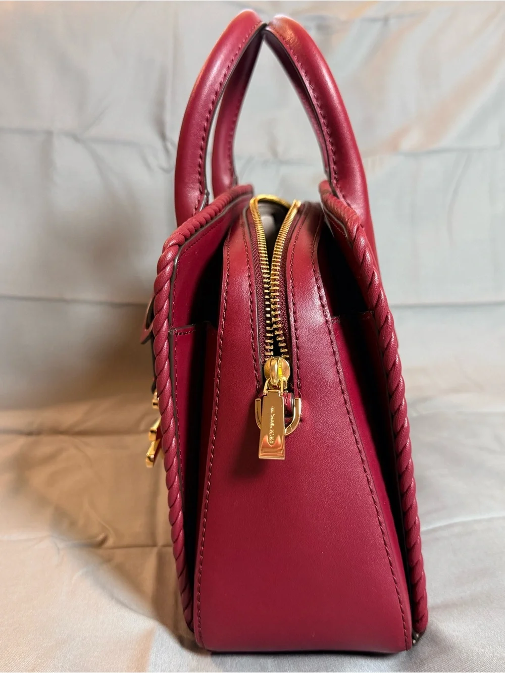 Michael Kors Berry Red Braided-Trim Satchel with Gold MK Charm